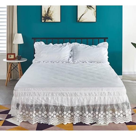 Floral Lace Tulle Elastic Bed Skirt Princess Ruffle Wrap Around Bed Wrap Easy Fit Dust Four Seasons White Full