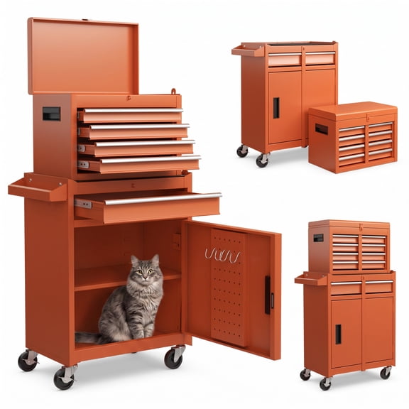 Biotree 2-in-1 Rolling Tool Chest Cabinet with 5 Sliding Lockable Drawers and Side Hooks for Garage Workshop, Orange