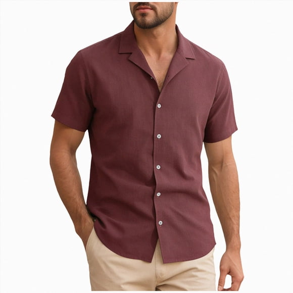 Ymyiu Button Down Shirts for Men Men's Stretch Dress Shirts Short Sleeve Wrinkle Free Casual Button Down Shirts Size L(Wine, L)