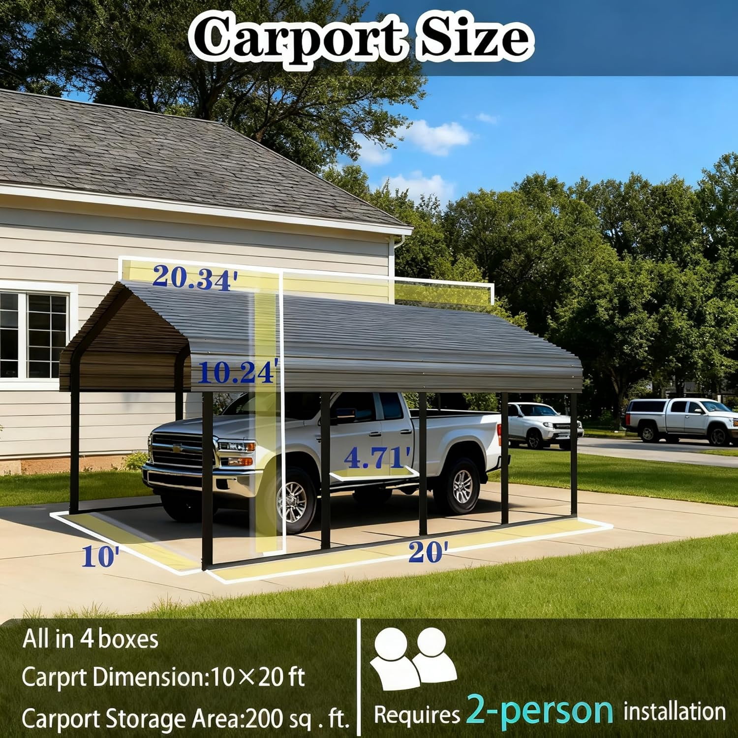 Heavy Duty 10x20 ft Steel Carport - Reinforced Frame & All-Weather Protection | Portable Garage Shelter for Cars, Trucks, Boats, RVs - Ideal for Yard & Backyard
