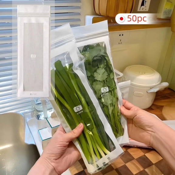 50pcs Long Sealed Bags For Vegetables, Food Grade Fresh-Keeping Bags, Double Seal Reusable Produce Bag, For Fruit Vegetable Refrigerator Storage Kitchen