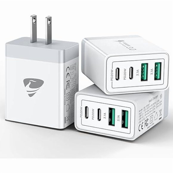 LinQingQ USB C Wall Charger Block 3-Pack, Aiminu 40W 4-Port PD Power Delivery Fast Type C Charging Block Plug Adapter for iPhone 15 14 13 12 11 Pro Max, XS/XR/X, iPad, Android Phones Charger Cube