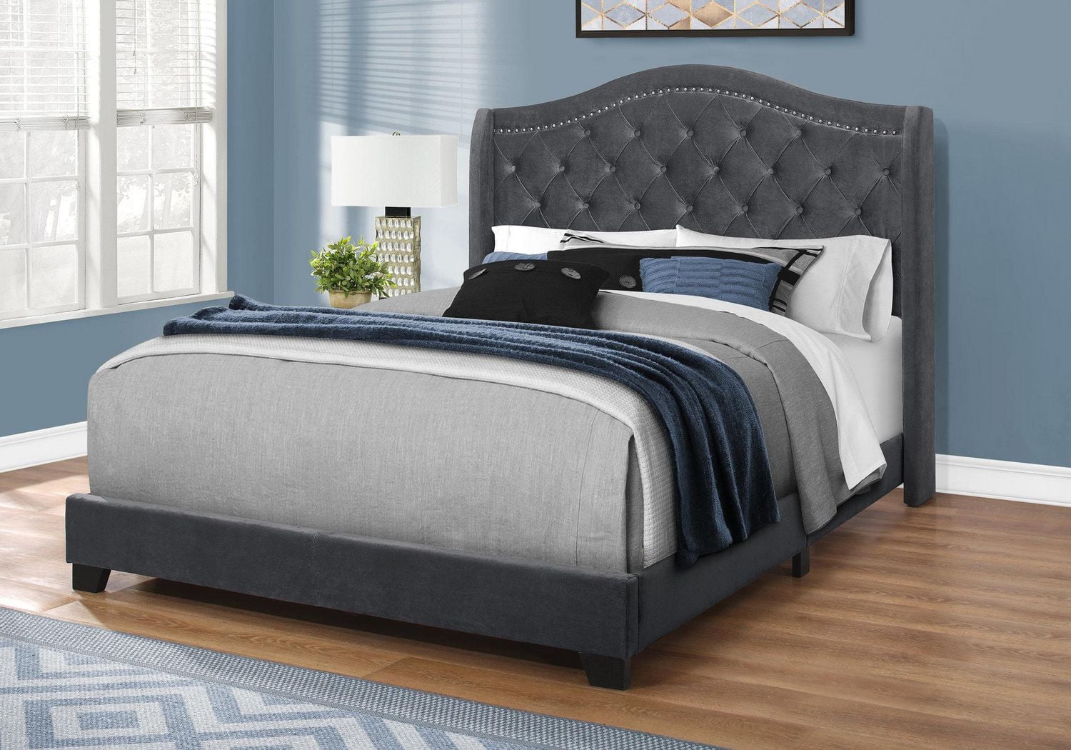 Monarch Specialties Bed, Queen Size, Platform, Bedroom, Frame, Upholstered, Velvet, Wood Legs, Grey, Chrome, Traditional