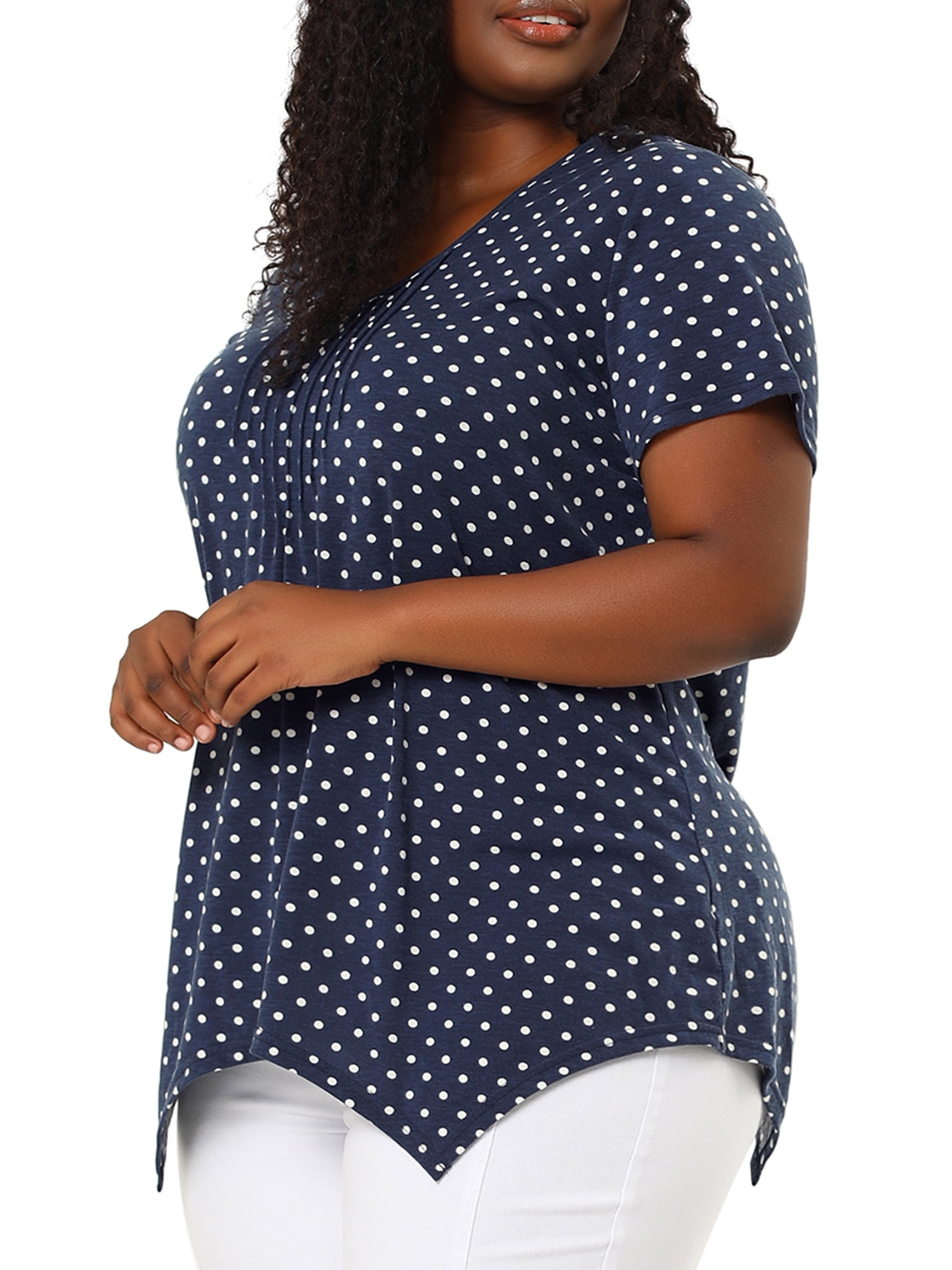 Unique Bargains Women's Plus Size V Neck Pintuck Short Sleeve Polka Dots Top 2X Blue