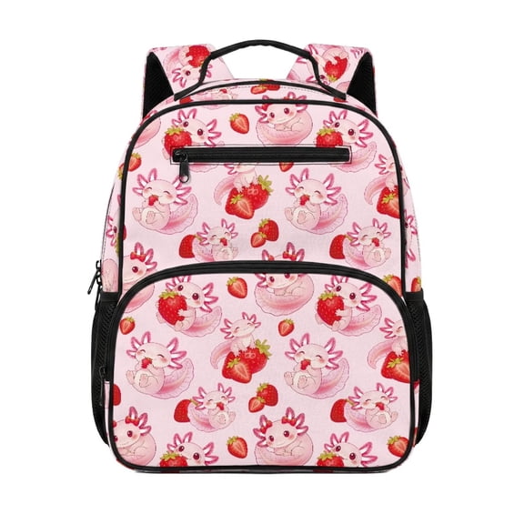 HUIACONG 13.5 Inch Cute Strawberry Axolotl Kids School Backpack Water Resistant Adjustable Breathable Padded Straps Multi Pocket Lightweight Large Capacity Bookbag for Preschool Elementary