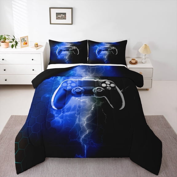 Erosebridal Gradient Gamer Bedding Twin Comforter Set,Abstract Lightning Down Comforter,Geometric Hexagon Bedding Sets Twin with Comforter,Breathable Gamepads Room Decorative,Reversible,3pcs