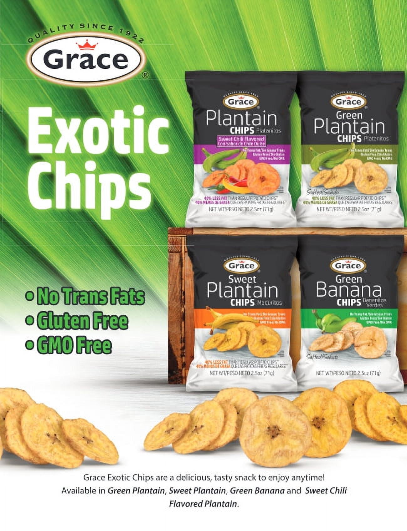 (3 pack) Grace Green Banana Chips, 2.5 oz Bag