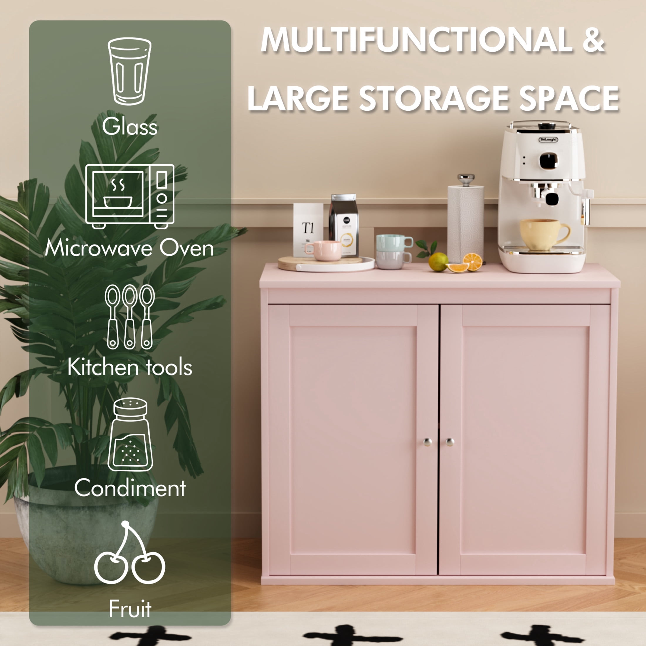 Noble House Reina Kitchen Storage Cabinet with Doors & Adjustable Shelves, Sideboard Buffet for Dining Room, Pink