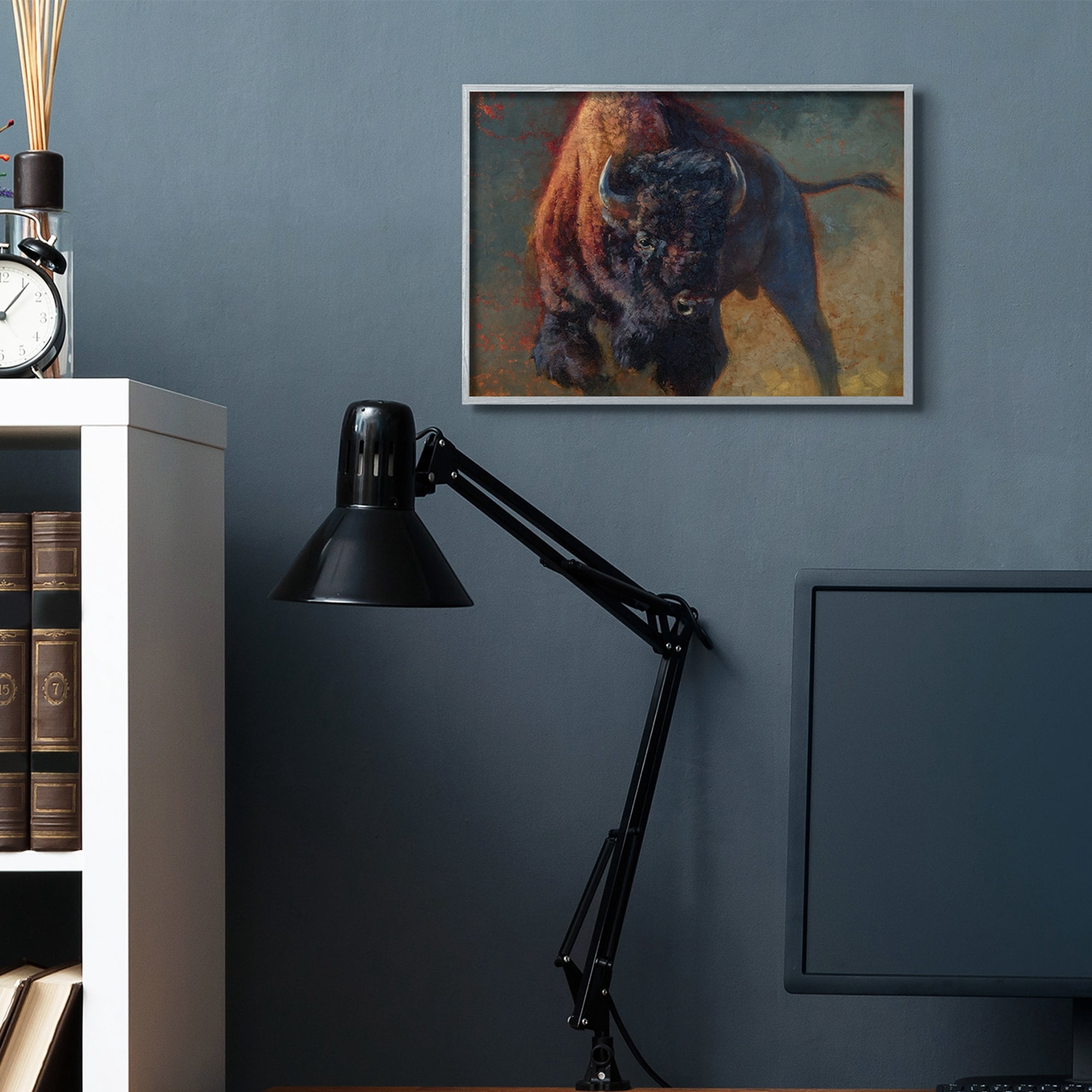 Stupell Industries Running Bull Portrait Masculine Cattle Pose Gray Framed by Julie T. Chapman