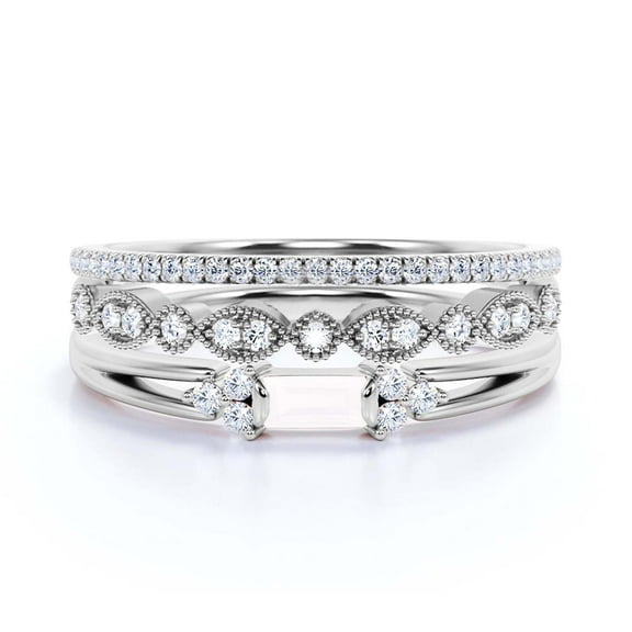 Classic Minimalist 2.00 Carat Baguette Cut Diamond Moissanite Engagement Ring, Split shank Wedding Ring in 925 Sterling Silver With 18k White Gold Plating Gift For Her, Promise Ring, Trio Rings Set