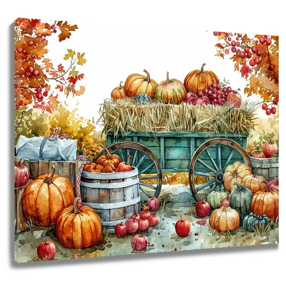 Fall Thanksgiving Canvas Wall Art Rural Orange Pumpkin in the Cart Maple Leaves Wall Art Autumn Thanksgiving Wall Art Home Decor Framed for Bedroom Living Room Easy to Hang,10x8 Inches