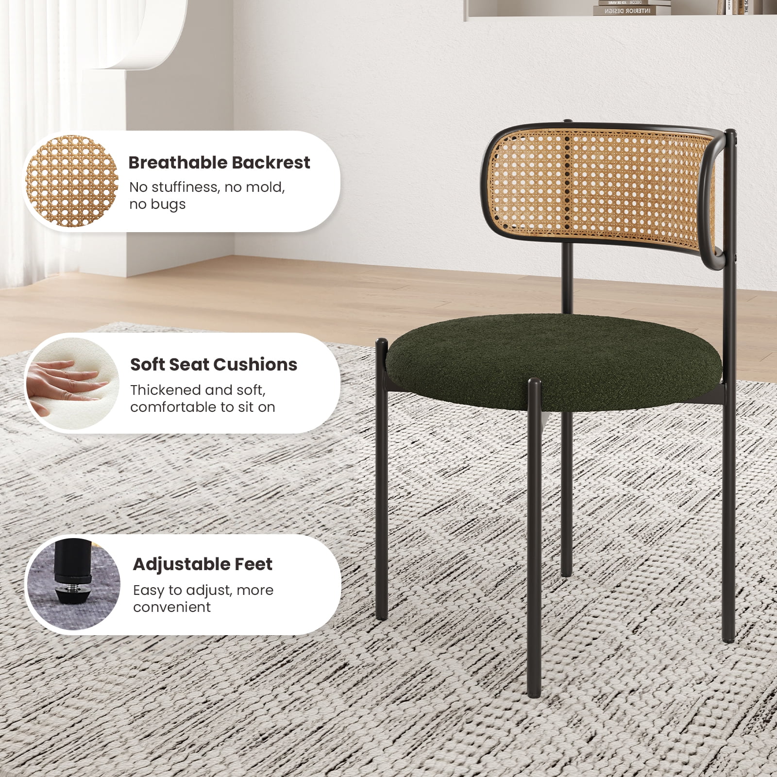 Farini Upholstered Dining Chair Set of 2, Rattan Backrest Kitchen Chair, Green