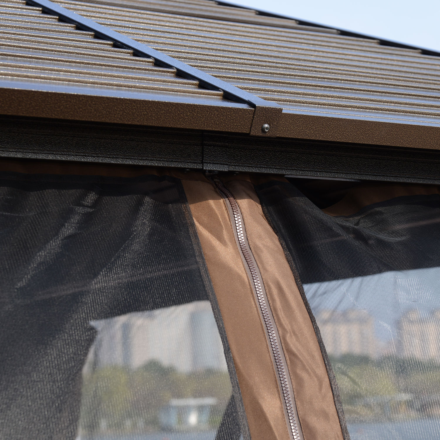 Outsunny 10' x 12' Hardtop Gazebo with Curtains and Netting, Permanent Pavilion Metal Single Roof Gazebo Canopy with Aluminum Frame and Hooks, for Garden, Patio, Backyard, Coffee Brown