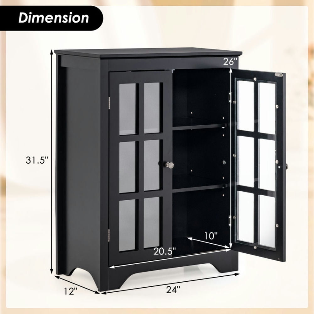 Finihen Storage Cabinet, Floor Cabinet, Freestanding Display Storage Cabinet with 2 Glass Doors and Adjustable Shelves, for Bathroom, Living Room, Bedroom, Kitchen, Black