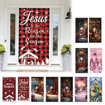 FEOLGEHLY Christmas Door Cover Buffalo Check Plaid Door Decoration Xmas Jesus Is The Reason for The Season Backdrop Nativity Banner Religious Sign for Winter Holiday Outdoor Wall Home Party Supplies