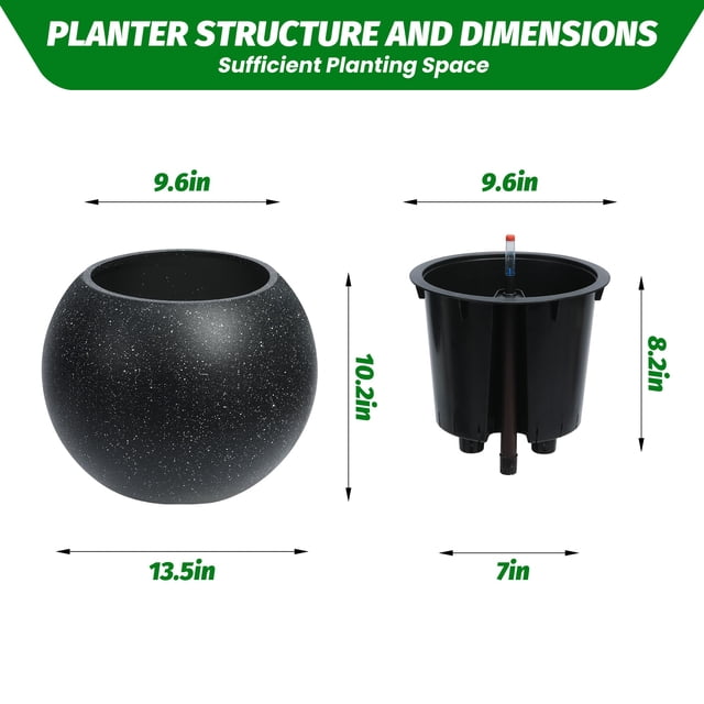 Edtara Round Self-Watering Planter, Large Flower Pot With Drainage System and Water Level Monitor for Porch or Patio