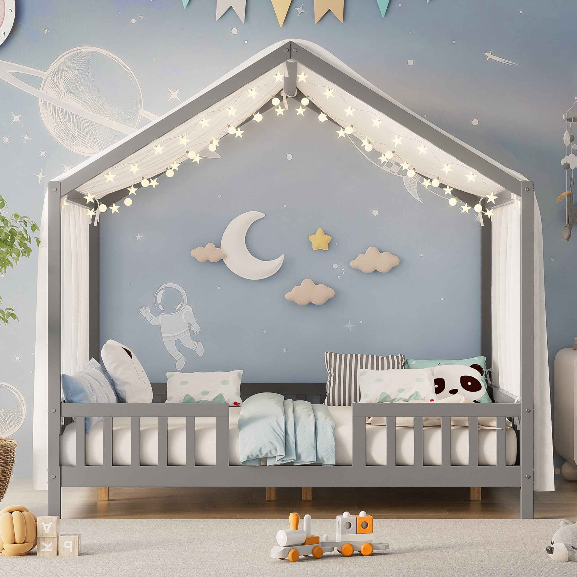 Noble House Full Floor Bed with Canopy and Guardrails, Wood House Bed Frame for Kids, Gray