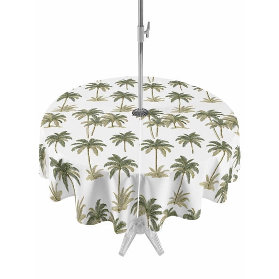 Outdoor Tablecloth with Umbrella Hole for Patio/Picnic/Party/Camping, Tropical Palm Trees Waterproof Table Cloth Round Cover Washable, Summer Vintage Botanical Watercolor (Dia 60")