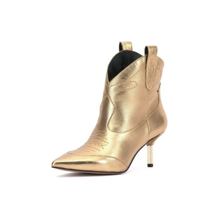 

Jessica Simpson Nelda Gold Pointed Toe Pull On Kitten Heel Western Ankle Booties (Gold 6)