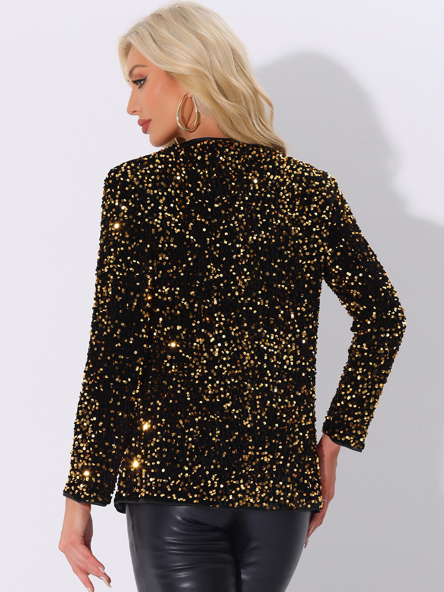 DARING DIVA Sequin Blazer Jacket Sparkly Open Front Cardigan S Gold