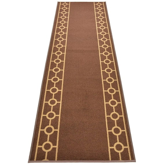 Custom Runner Rug Brown Chain Border Roll Runner 26 Inch or 31.5 Inch Wide x Your Length Size Choice Slip Skid Resistant Rubber Back, Cut to Size Runner Rug