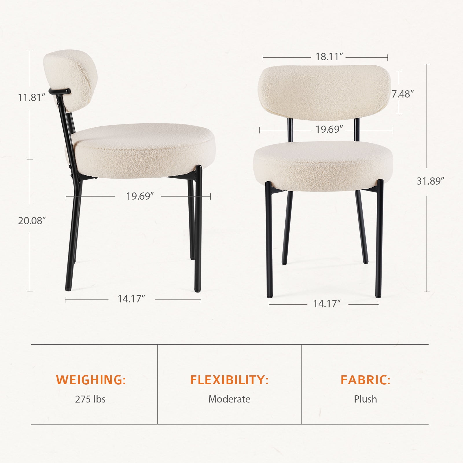 CONCETTA Dining Chairs Set of 2, Kitchen Chairs with Curved Backrest & Metal Legs, Mid Century Modern Round Dining Room Chairs for Vanity, Living Room,Beige