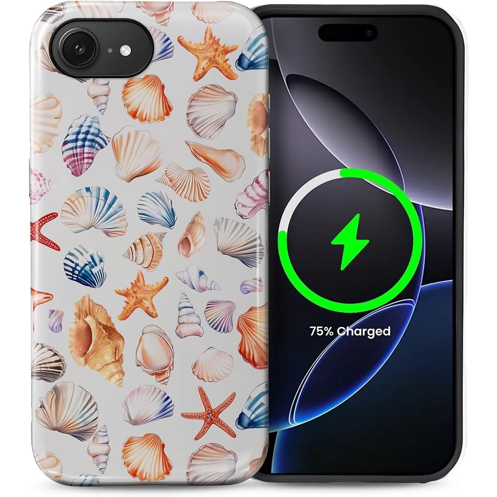 Case for iPhone 16E Shockproof Slim Phone Case Scratch Resistant Hybrid Double Layer Hard Shell Watercolor Seashell Collage
