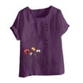 thumbnail image 3 of UPPADA Linen Shirts for Women Casual Loose Fit Summer Tops Floral Print Crew Neck Buttons Shirts Short Sleeve Trendy Blouses Plus Size Tunic Blouse Loose Fit Baggy Daisy Blouses Purple,XXXXXL, 3 of 4
