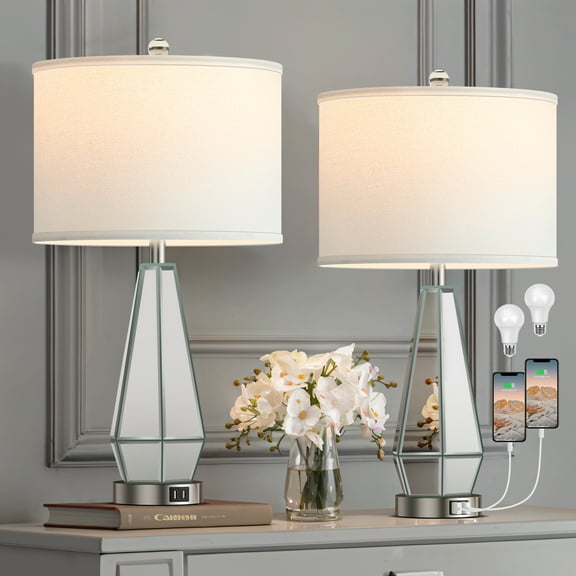 Set of 2 Mirrored Glass Bedside Table Lamps with 2 USB Ports for Bedrooms Modern Side Nightstand Lamps