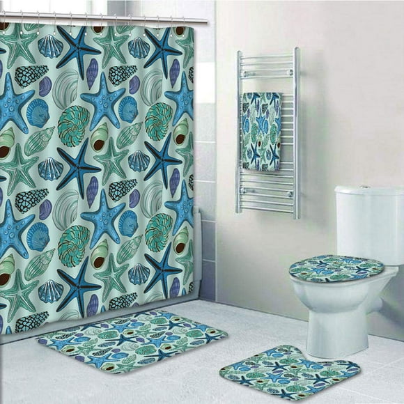 EREHome Aquarium Inspired Composition Tropical Seashells Scallops Cockles Clams 5 Piece Bathroom Set Shower Curtain Bath Towel Bath Rug Contour Mat and Toilet Lid Cover