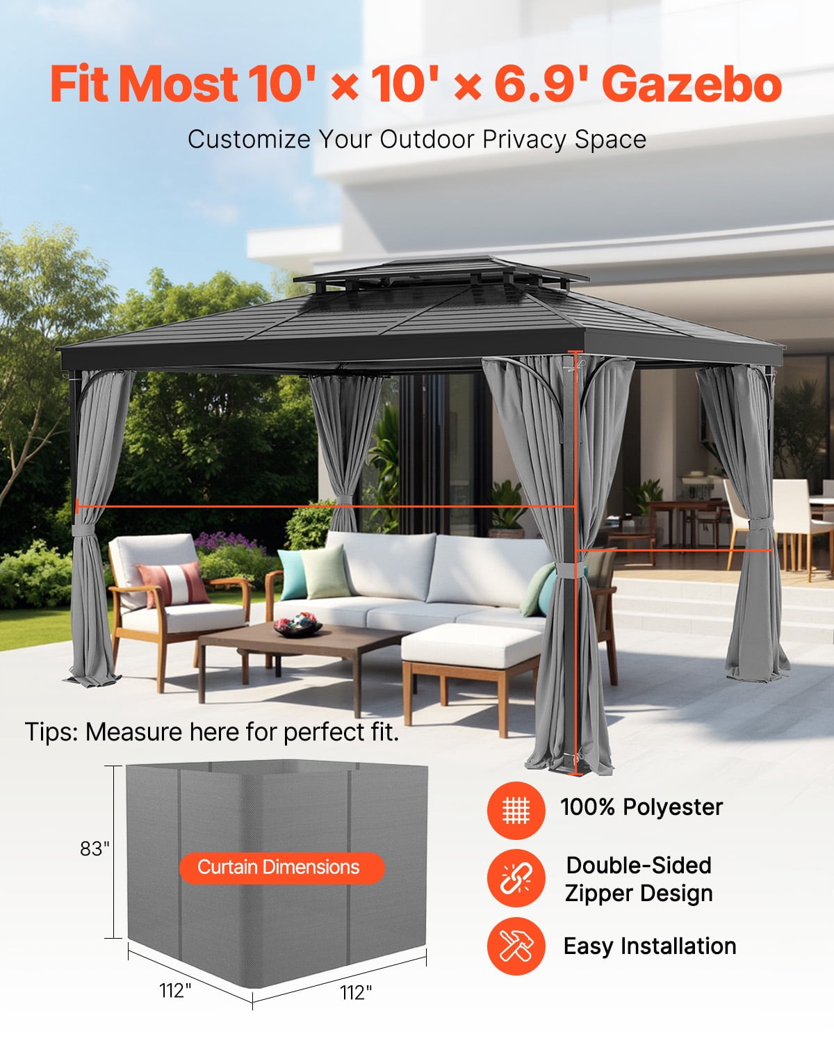 VEVOR Gazebo Curtains Outdoor, Fit Most 10' x 10' x 6.9' Gazebos, 4-Panel Sidewall Gazebo Privacy Curtains with Zippers, Outdoor Curtain Replacement for Patio Canopy, Only Curtain, Gray