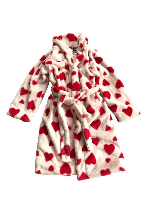 Short Cozy Plush Robe Light Pink with Red Painted Hearts Size XS/S NWT