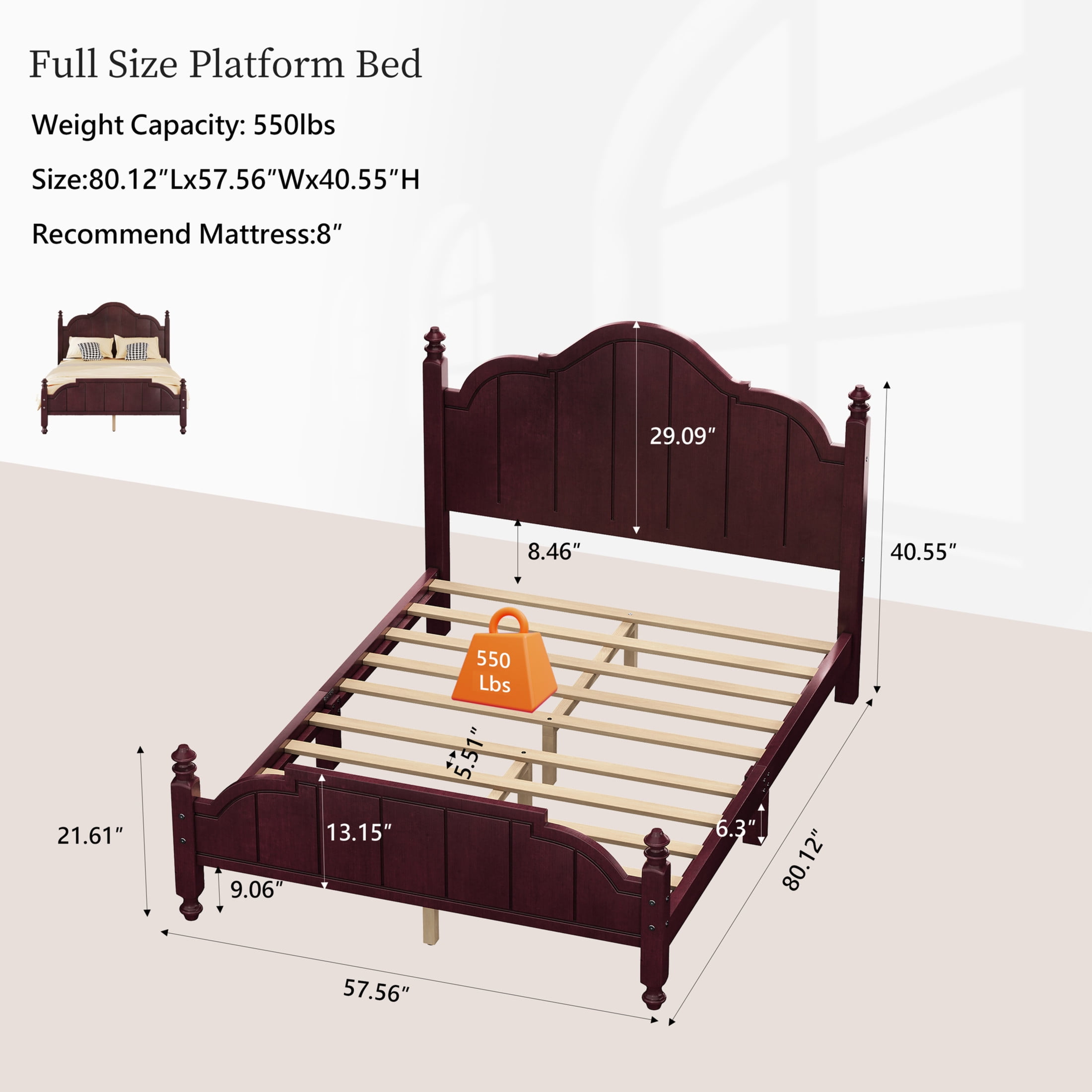 Noble House Full Bed Frame with Headboard, Vintage Wooden Platform Bed with Slat Support, Espresso