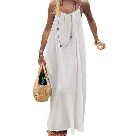 Women'S Open Back Spaghetti Strap Beach Maxi Dress Loose Flowy Vacation Sundress Milky White S
