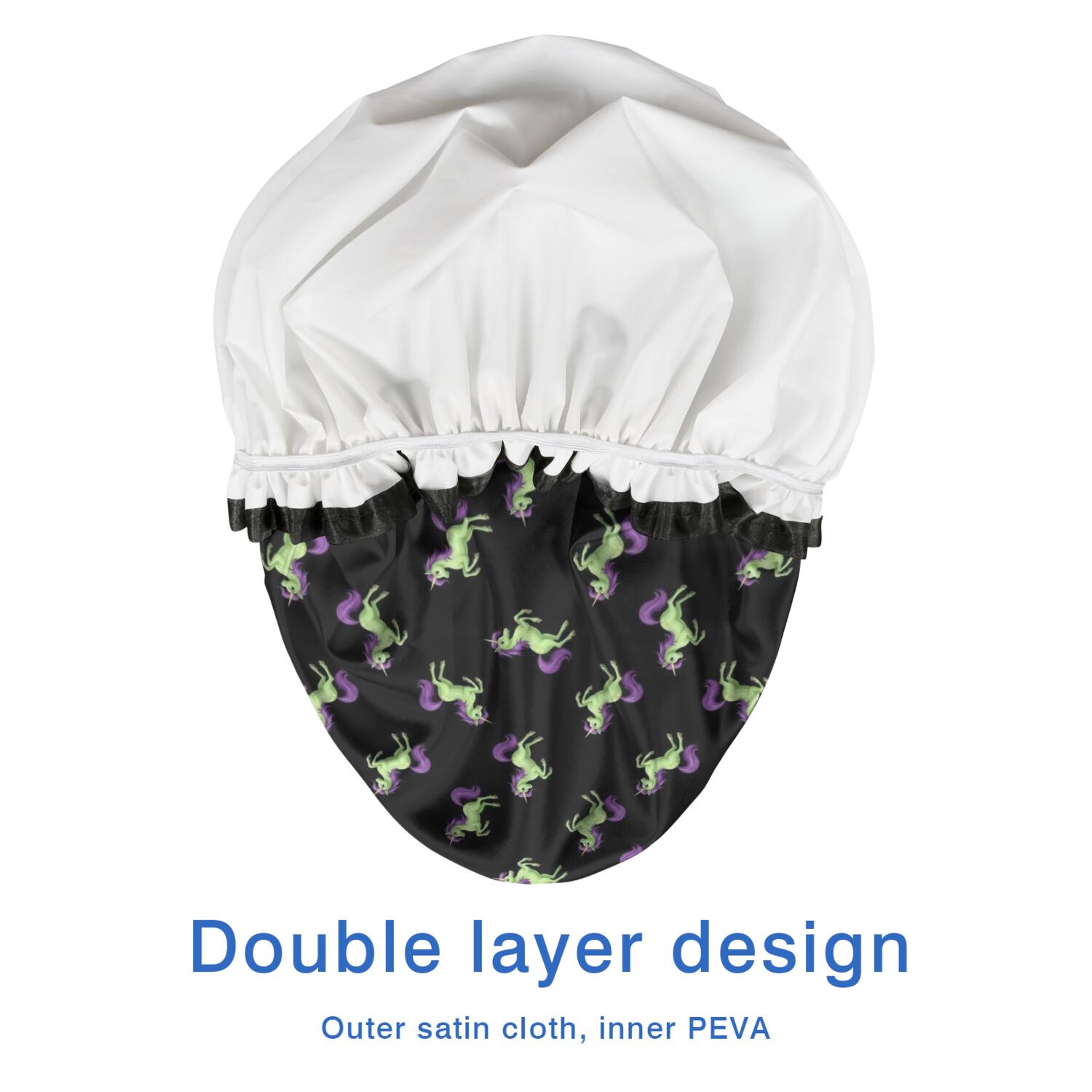 Shower Caps,Black Cartoon Unicorn Pattern Waterproof Shower Cap for Women 4 Pieces,Double Reusable Hair Cover for Shower PEVA Elastic Stretch Hem
