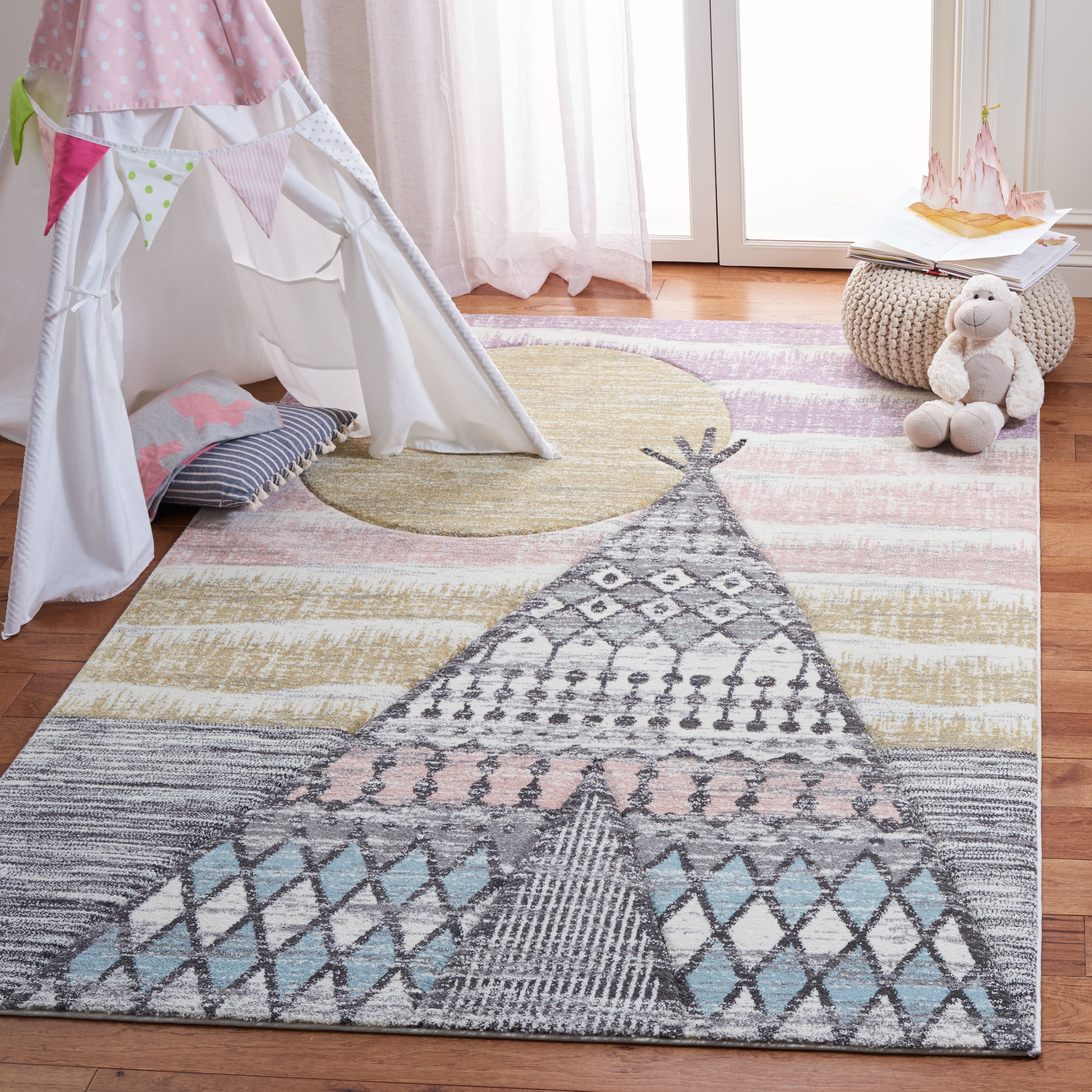 Kids Round Rug Polyester Throw Area Rug Soft Educational Washable Carpet Nursery Teepee Tent Play Mat Blooming Flowers