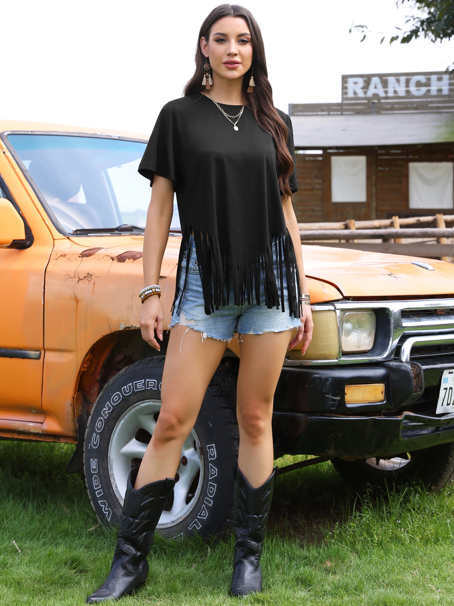 DARING DIVA Women's Fringe Tops Short Sleeve Crew Neck Solid Tassel T Shirts M Black