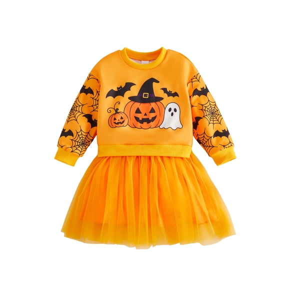 RUINIXCW Toddler Baby Girls Halloween Dress Fashion Pumpkin Ghost Print Long Sleeve Fall Tulle Dress