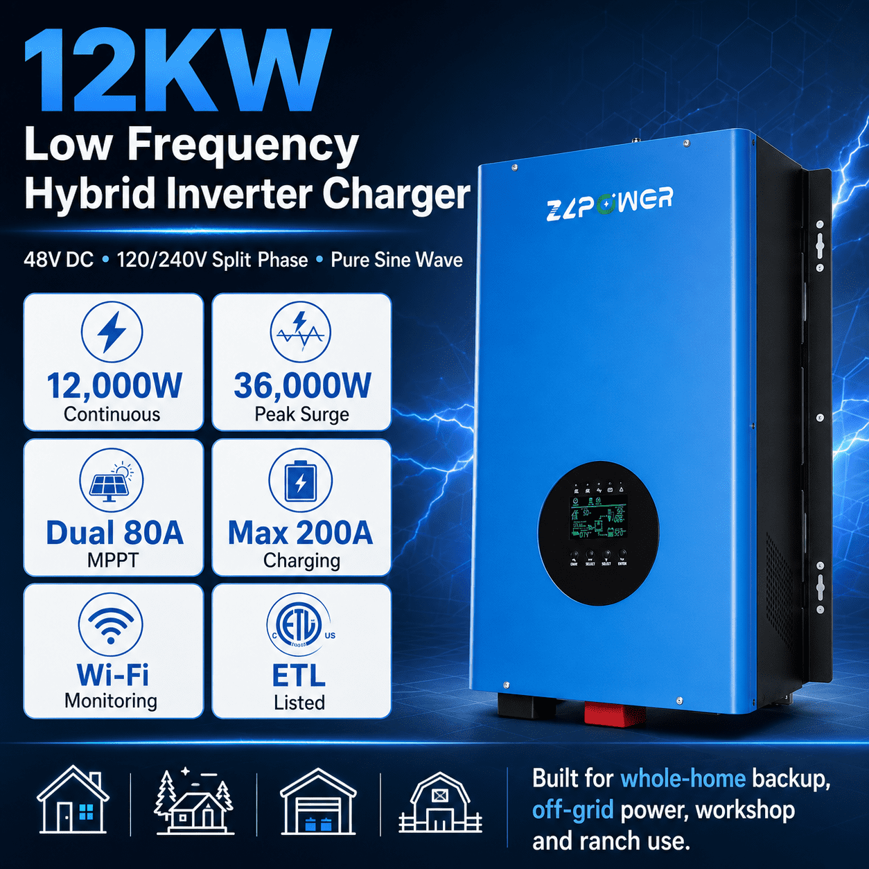 ZLPOWER 12000W 48V Hybrid Solar Inverter , 36000W Peak , UL1741 Certified , 120/240V Split Phase , Built-in Dual 80A MPPT , LiFePO4 Battery Compatible , WiFi Monitoring