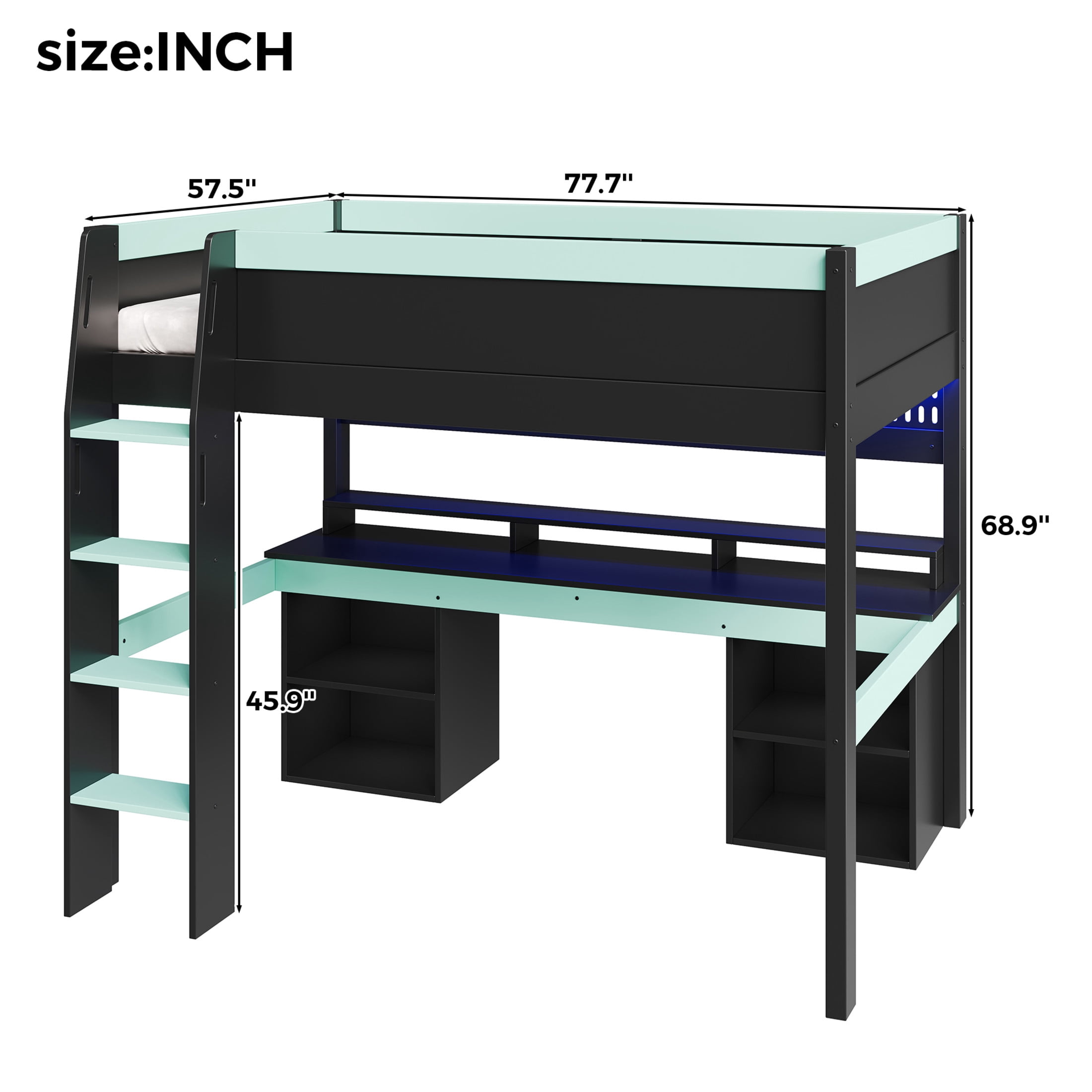 Noble House Dalmor Full Size Loft Bed with Multi-Color LED Lights, Detachable Pegboard & Gaming Desk, Black & Blue
