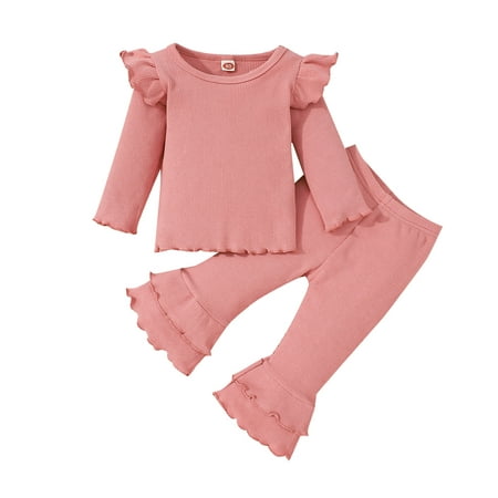 

MPWEGNP Girls Long Sleeve Solid Ribbed Tops And Ruffles Flare Pants Outfits Girl Baby Sleepers Headbands New Girls Clothes