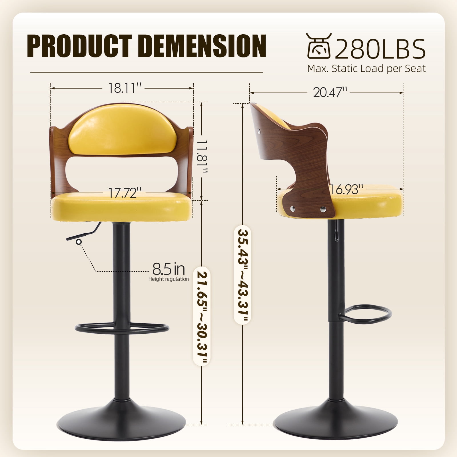 MOONMISS Swivel Bar Stools Set of 2, Wooden Kitchen Bar Chairs with Back, PU Leather Counter Height Barstools for Kitchen Island,Yellow