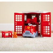 Green Toys: Fire Station Playset - 8pc Emergency Toy Set, Rescue Vehicle Truck, 2-Level Firehouse, 2 Cat Figures, Recycled Material, Kids-Toddlers 2+