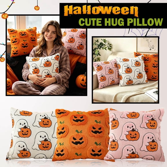 Halloween Decor, Cute Halloween Decor, Pink Ghost Decor, Fall Home Decor, 18X18 Inch Fuzzy Decorative Pink Ghost Pumpkin Throw Pillow Cover No Pillow Insert, for Halloween