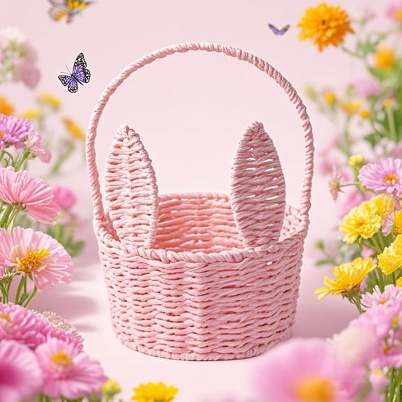Easter Bunny Basket 1 Pcs Paper Woven Set with Easter Grass Fillers Lightweight Reusable for Egg Candy and Spring Holiday Decoration Woven Basket