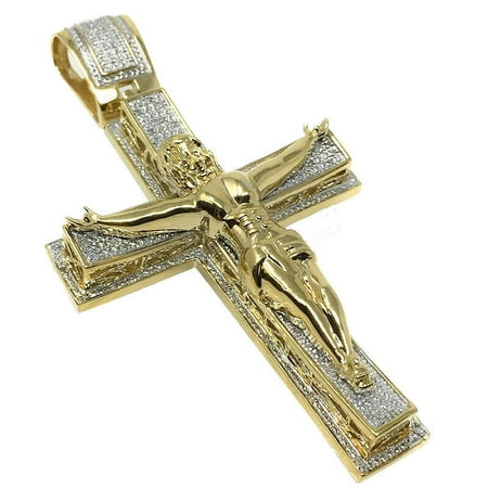 Gold Jesus Christ Charm - Genuine Real Diamond Mens Jesus Crucifix Cross 10K Yellow Gold Finish Charm Pendant Big 3.5''