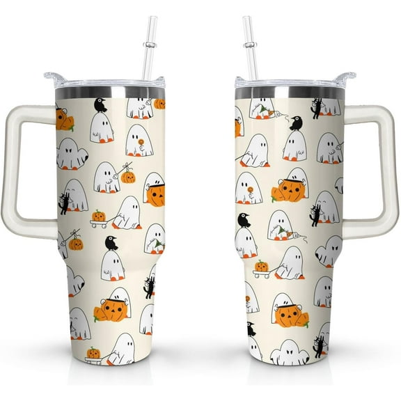Halloween 40 oz Tumbler with Lid Handle and Straw Ghost Pumpkin Stainless Steel Double Walled Insulated Cup Halloween Travel Mug Water Bottle Gifts for Men and Women (1PC)