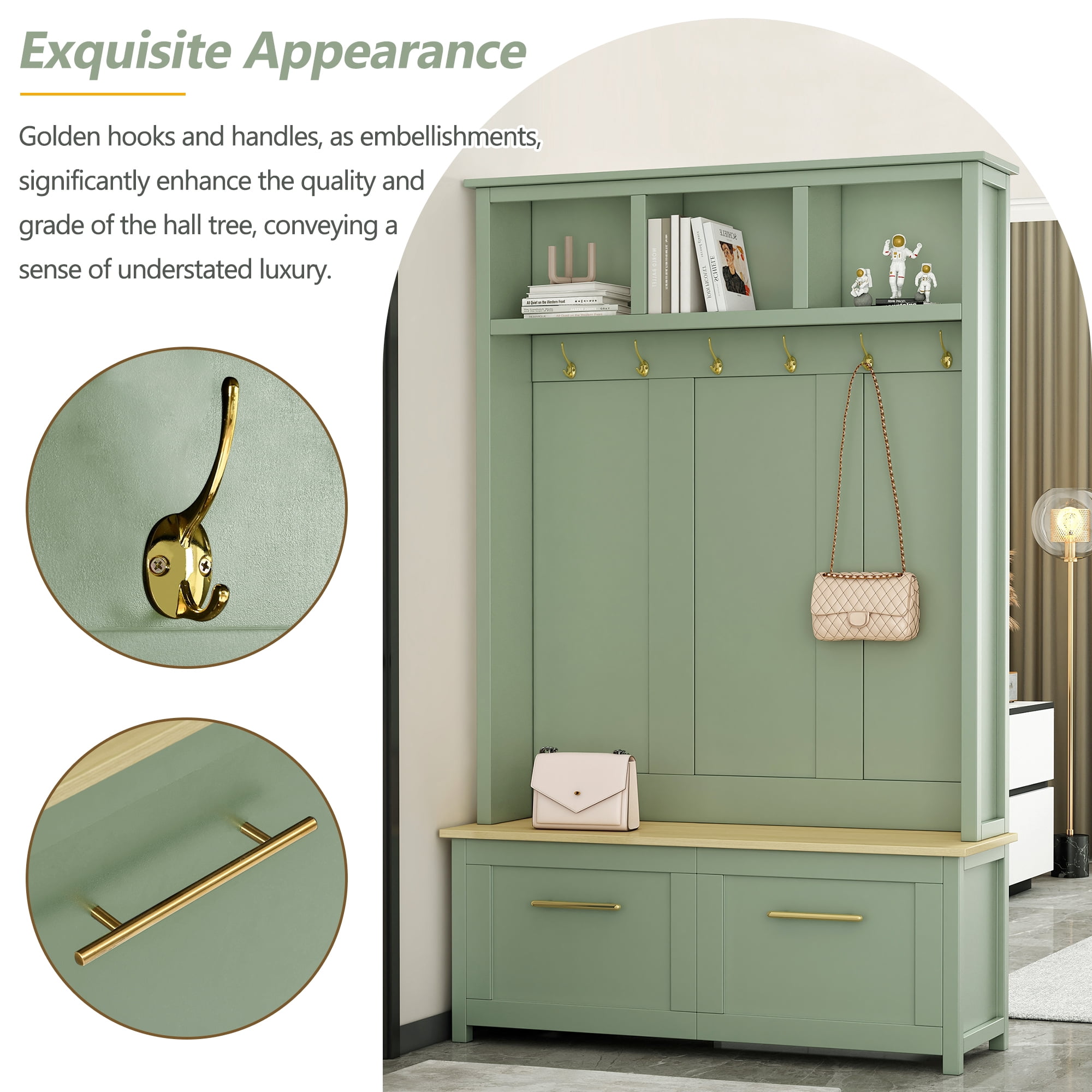 Mintazer 76.6"H Entryway Hall Tree with Bench & 2 Storage Drawers, 4-in-1 Entryway Organizer with Open Hutch Cubbies & 6 Golden Hooks for Mudroom Hallway, Green