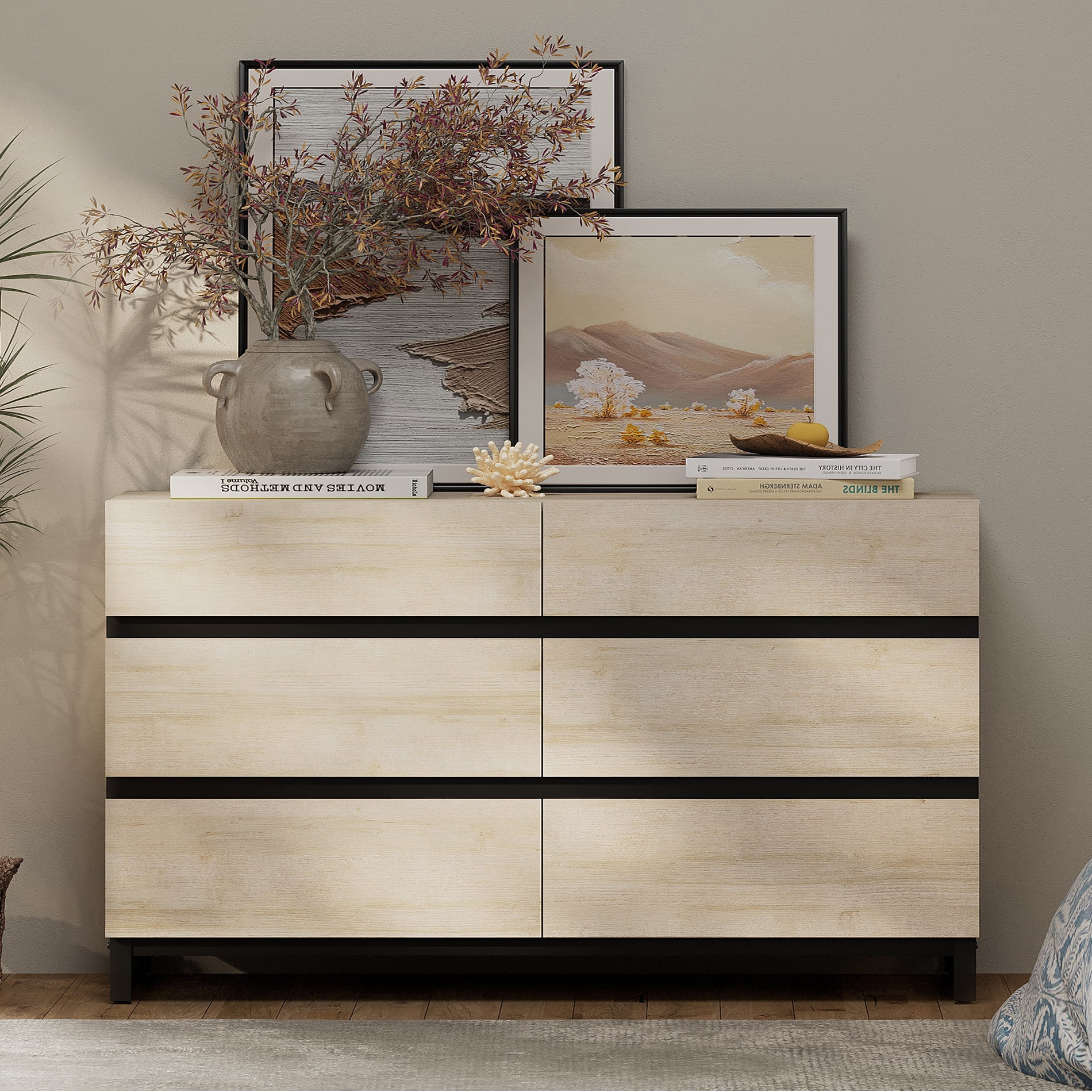 WAMPAT Modern 6-Drawer Wood Dresser with Concealed Handles & Metal Base, Chest of Drawers & Closet Organizer for Bedroom, Living Room Storage