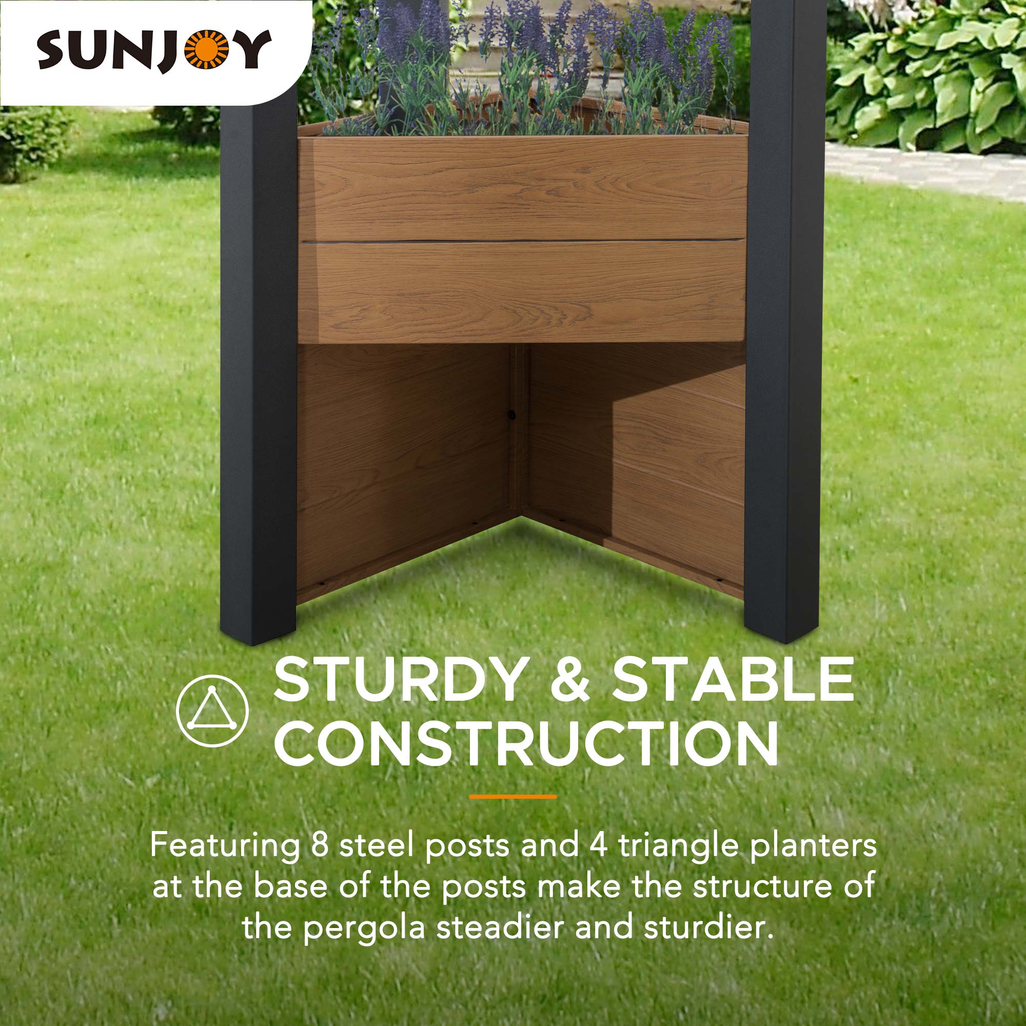 Sunjoy 10 x 12 ft. Outdoor Patio Black Steel Frame Pergola with Planters